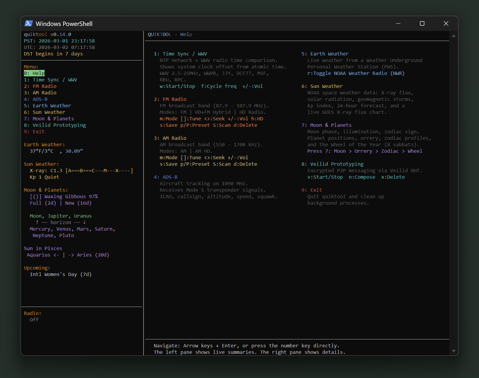 quiktool help screen showing keyboard shortcuts and feature overview